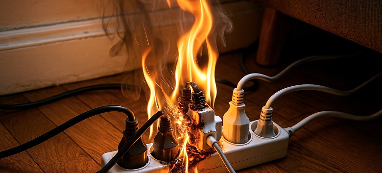 Incendie dû à une multiprise surchargée. Crédit : Far Eastern Jupiter / Adobe Stock