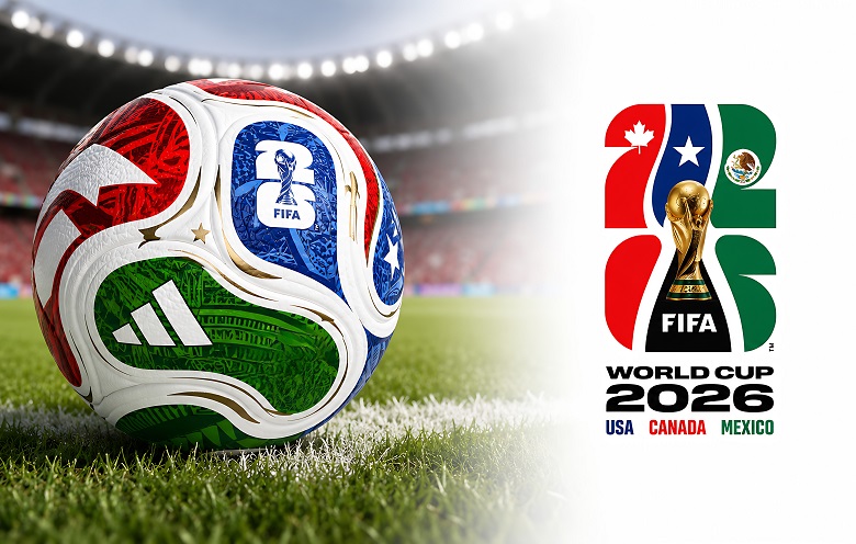 Ballon officiel de la Coupe du Monde de la FIFA 2026 sur le terrain et logo officiel du tournoi de football aux États-Unis, au Canada et au Mexique