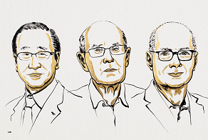 Susumu Kitagawa, Richard Robson et Omar M. Yaghi.  Prix Nobel de chimie 2025, Ill. Niklas Elmehed © Nobel Prize Outreach